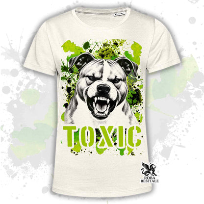 T-shirt beige stampata con un American Staffordshire Terrier con espressione arrabbiata. Grafica originale Roba Bestiale, collezione Toxic