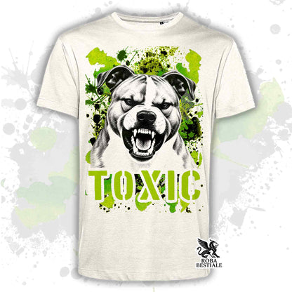 T-shirt beige stampata con un American Staffordshire Terrier con espressione arrabbiata. Grafica originale Roba Bestiale, collezione Toxic