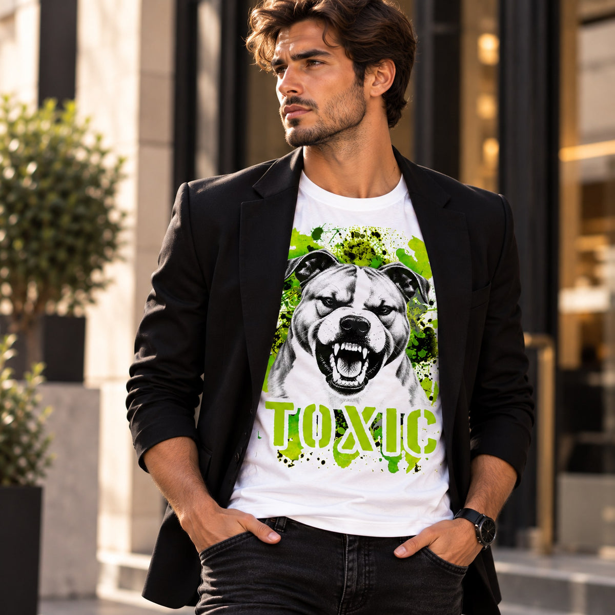 T-shirt bianca stampata con un American Staffordshire Terrier con espressione arrabbiata. Grafica originale Roba Bestiale, collezione Toxic