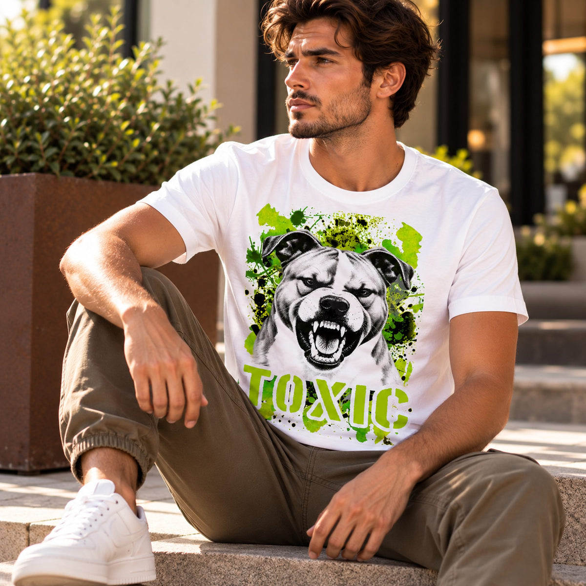 T-shirt bianca stampata con un American Staffordshire Terrier con espressione arrabbiata. Grafica originale Roba Bestiale, collezione Toxic
