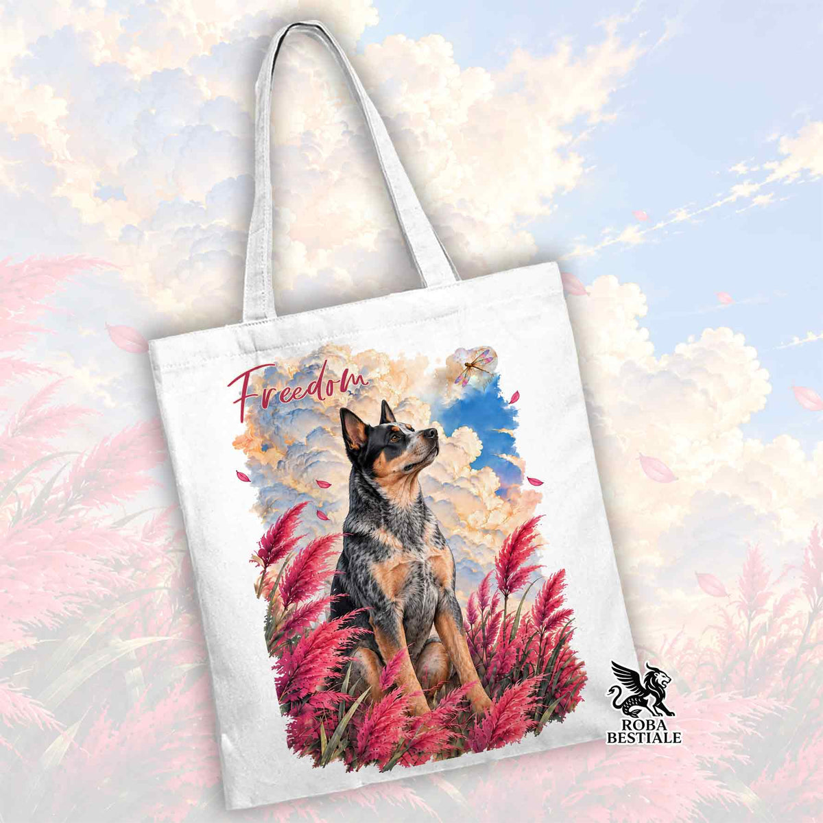 Borsa shopper in tela bianca con stampa cane Australian Cattle Dog e scritta Freedom
