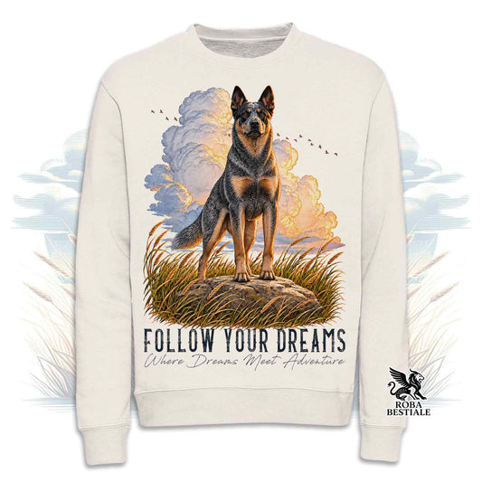 Felpa girocollo beige stampata con un Australian Cattle Dog. Grafica originale Roba Bestiale, collezione Dream