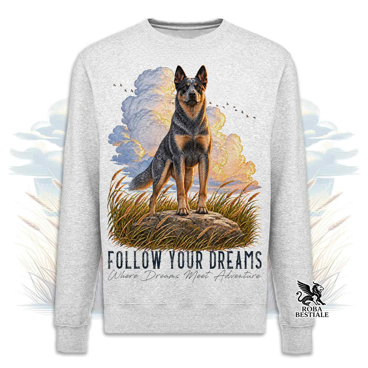 Felpa girocollo grigia stampata con un Australian Cattle Dog. Grafica originale Roba Bestiale, collezione Dream