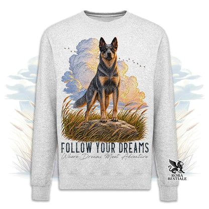 Felpa girocollo grigia stampata con un Australian Cattle Dog. Grafica originale Roba Bestiale, collezione Dream