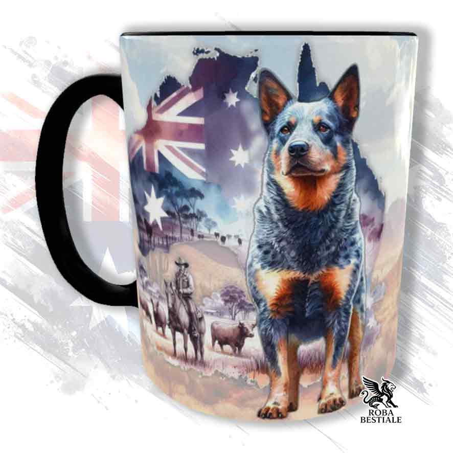 Tazza bianca con dettagli neri, stampata con un Australian Cattle Dog, grafica Australian Wild Life