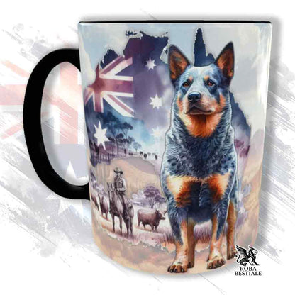 Tazza bianca con dettagli neri, stampata con un Australian Cattle Dog, grafica Australian Wild Life