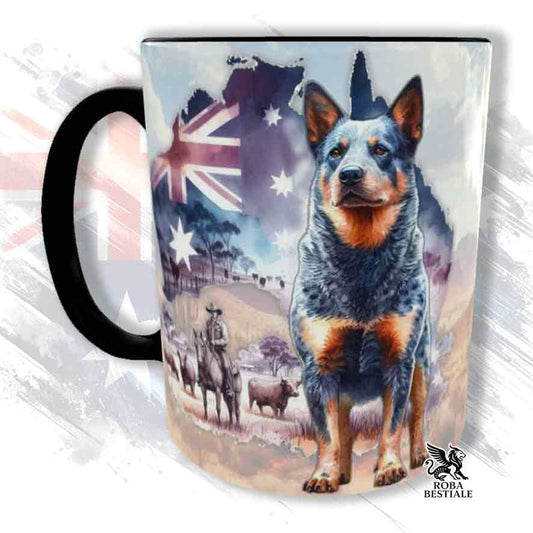 Tazza bianca con dettagli neri, stampata con un Australian Cattle Dog, grafica Australian Wild Life