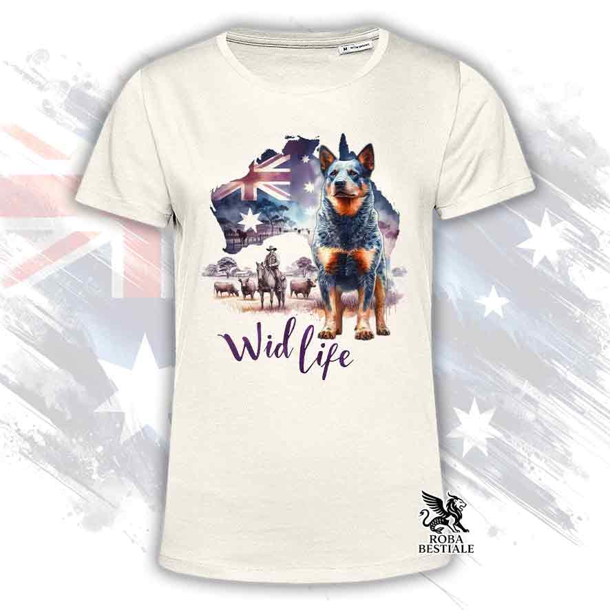 T-shirt beige stampata con un Australian Cattle Dog, grafica Australian Wild Life 