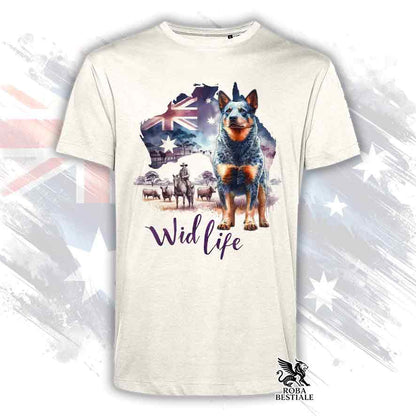 T-shirt beige stampata con un Australian Cattle Dog, grafica Australian Wild Life 