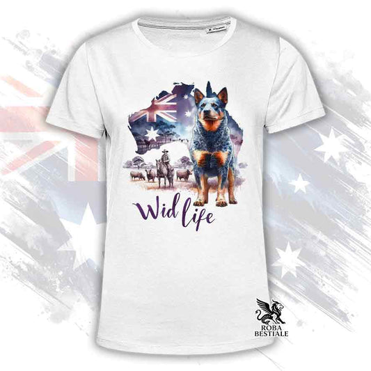 T-shirt bianca stampata con un Australian Cattle Dog, grafica Australian Wild Life 