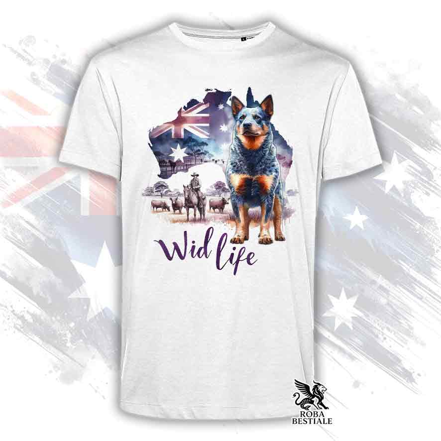 T-shirt bianca stampata con un Australian Cattle Dog, grafica Australian Wild Life 