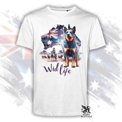 T-shirt bianca stampata con un Australian Cattle Dog, grafica Australian Wild Life 