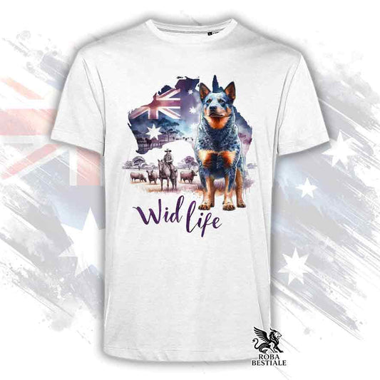 T-shirt bianca stampata con un Australian Cattle Dog, grafica Australian Wild Life 