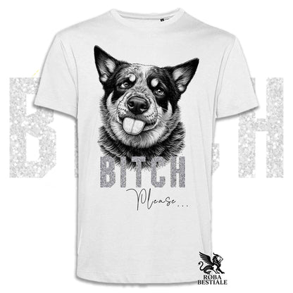 T-shirt bianca stampata con un Australian Cattle Dog con espressione disgustata. Grafica originale Roba Bestiale, collezione Bitch Please