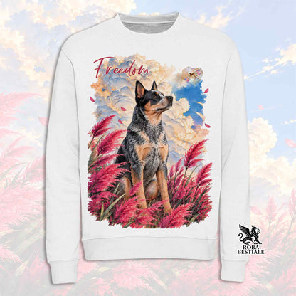 Felpa girocollo bianca con grafica colorata di cane e scritta Freedom sul petto