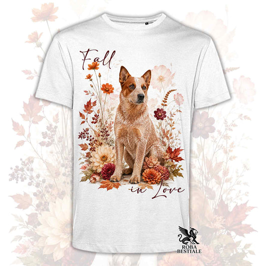 T-shirt bianca stampata con un Australian Cattle Dog seduto in mezzo a fiori e foglie autunnali. Grafica originale Roba Bestiale, collezione Fall