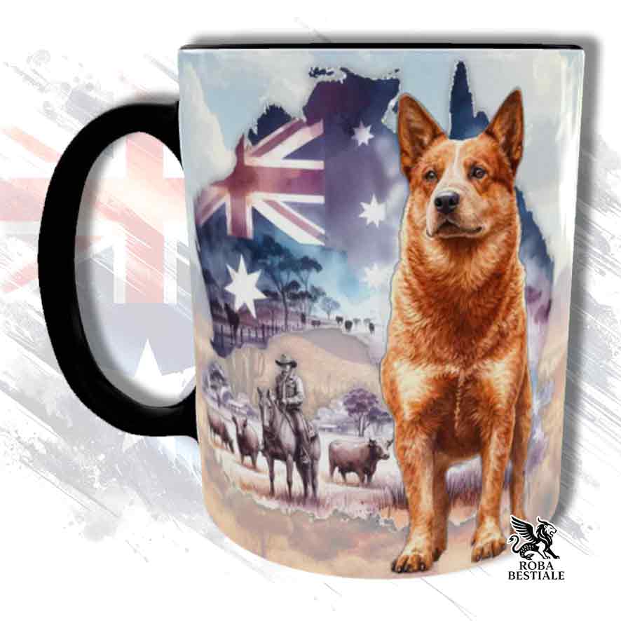 Tazza bianca con dettagli neri, stampata con un Australian Cattle Dog, grafica Australian Wild Life