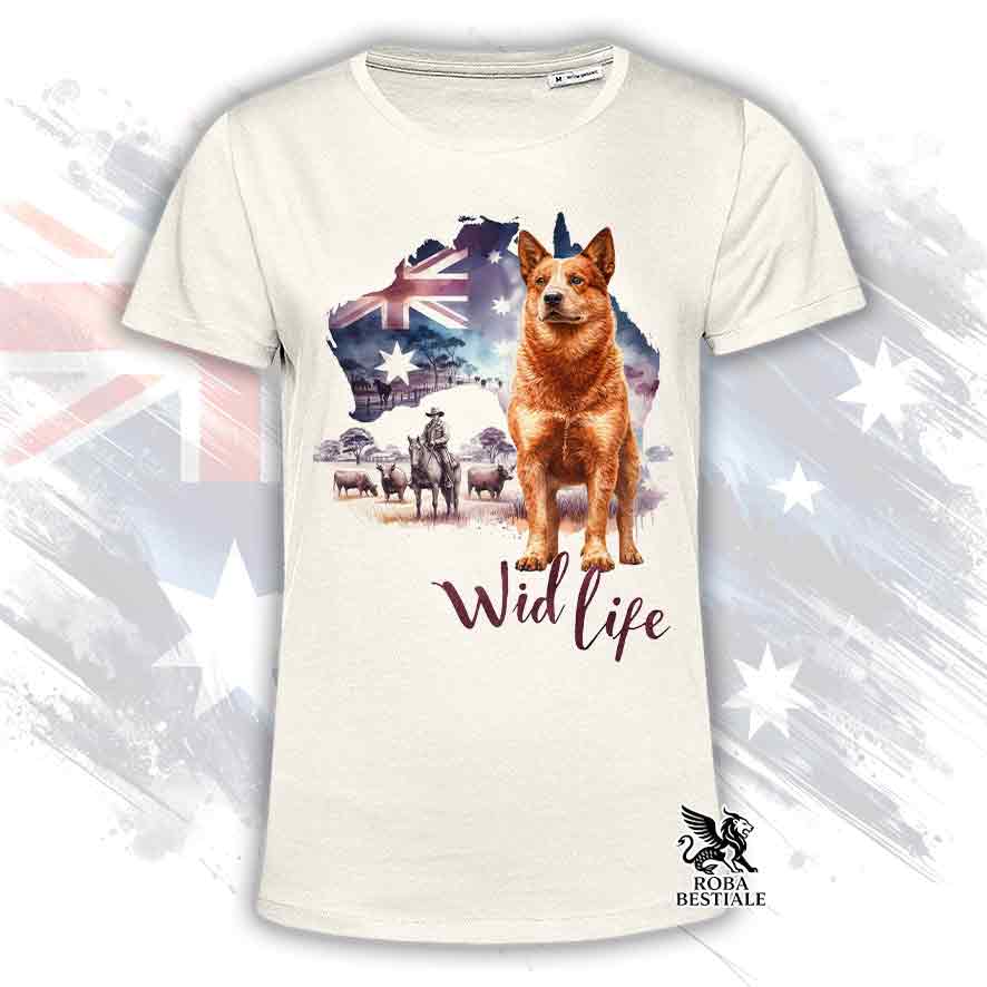 T-shirt beige stampata con un Australian Cattle Dog, grafica Australian Wild Life 