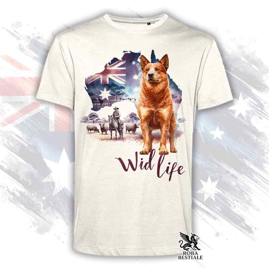 T-shirt beige stampata con un Australian Cattle Dog, grafica Australian Wild Life 
