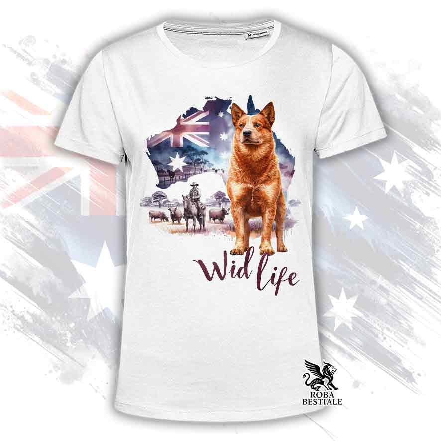T-shirt bianca stampata con un Australian Cattle Dog, grafica Australian Wild Life 
