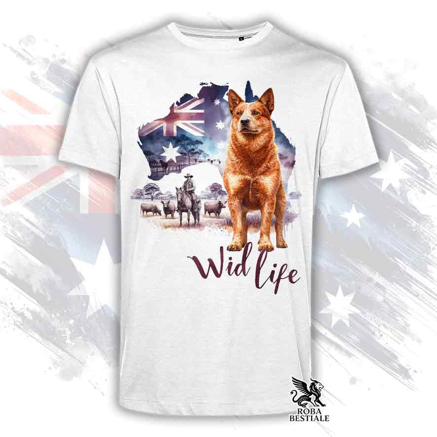 T-shirt bianca stampata con un Australian Cattle Dog, grafica Australian Wild Life 