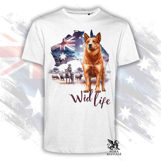 T-shirt bianca stampata con un Australian Cattle Dog, grafica Australian Wild Life 
