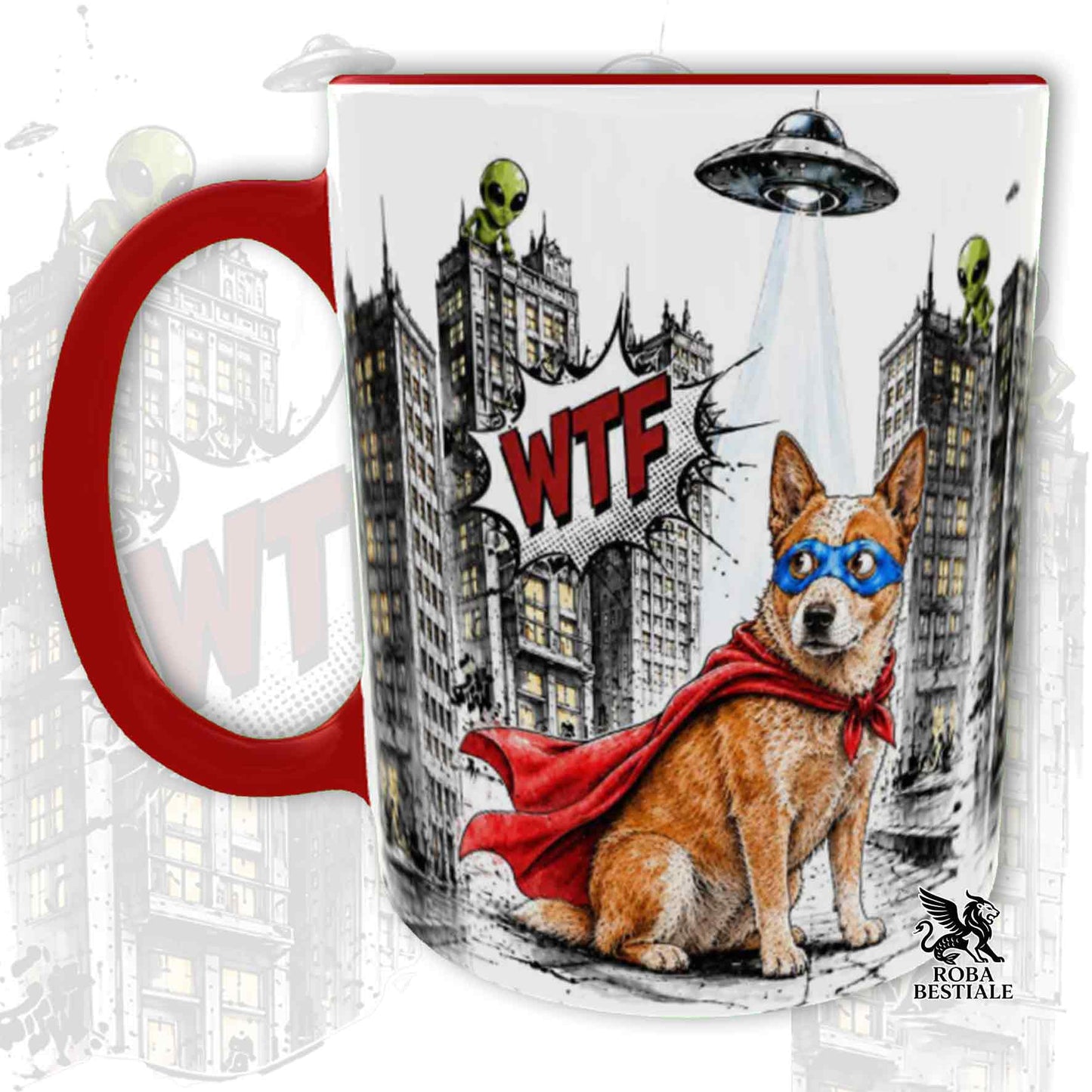 Tazza rossa stampata con un Australian Cattle Dog con espressione sorpresa, vestito da Super Eroe. Grafica originale Roba Bestiale, collezione Hero