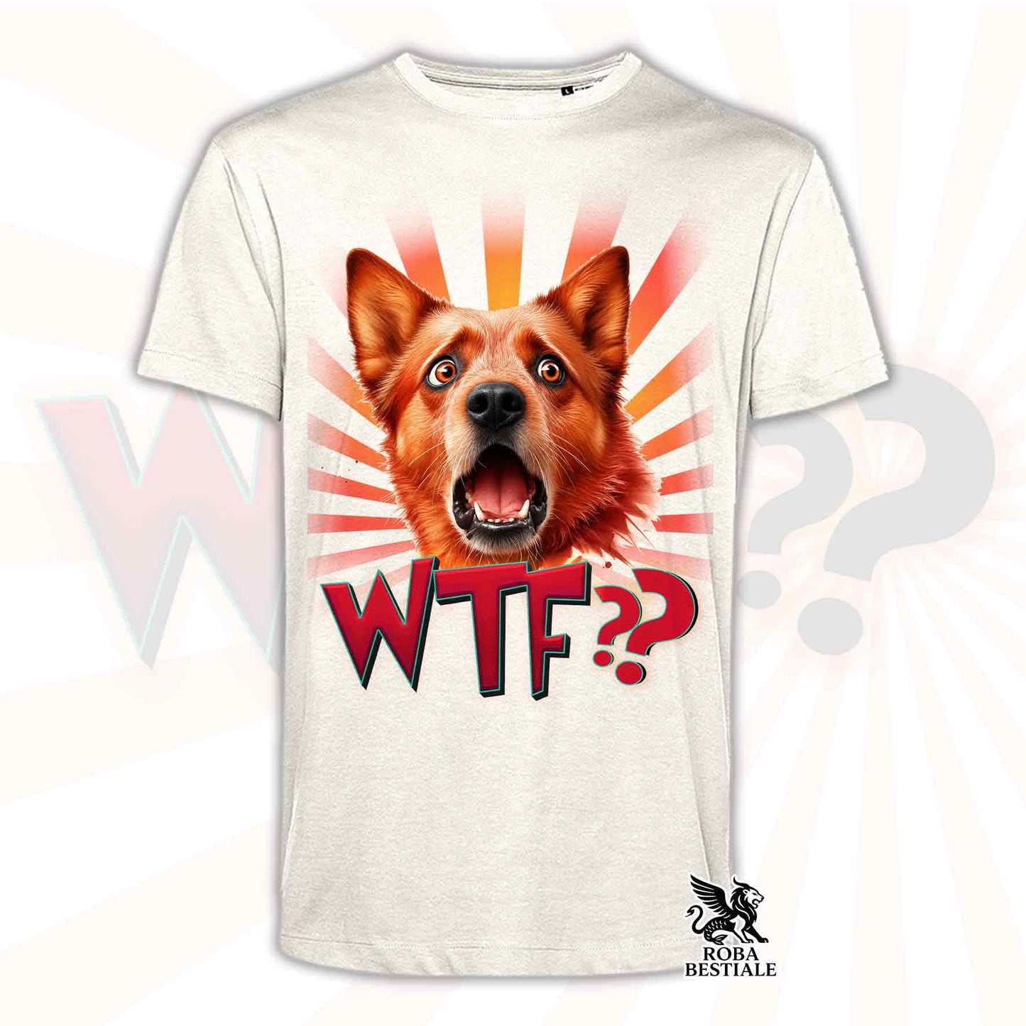 T-shirt beige stampata con un Australian Cattle Dog con espressione sorpresa. Grafica originale Roba Bestiale, collezione WTF??