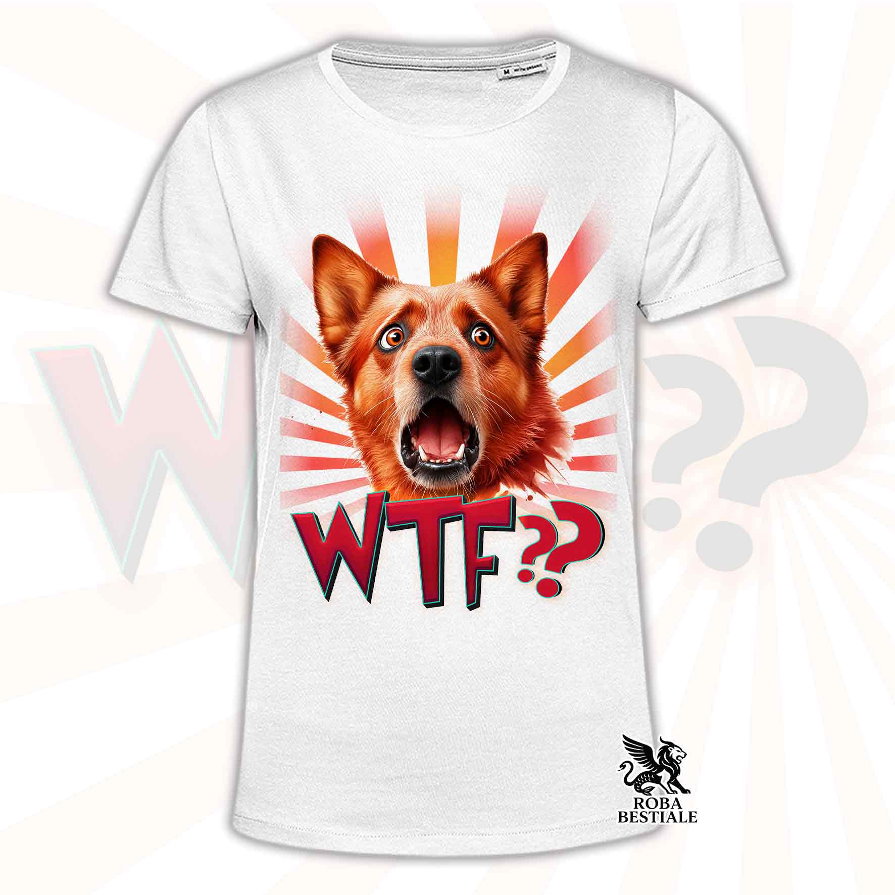 T-shirt bianca stampata con un Australian Cattle Dog con espressione sorpresa. Grafica originale Roba Bestiale, collezione WTF??