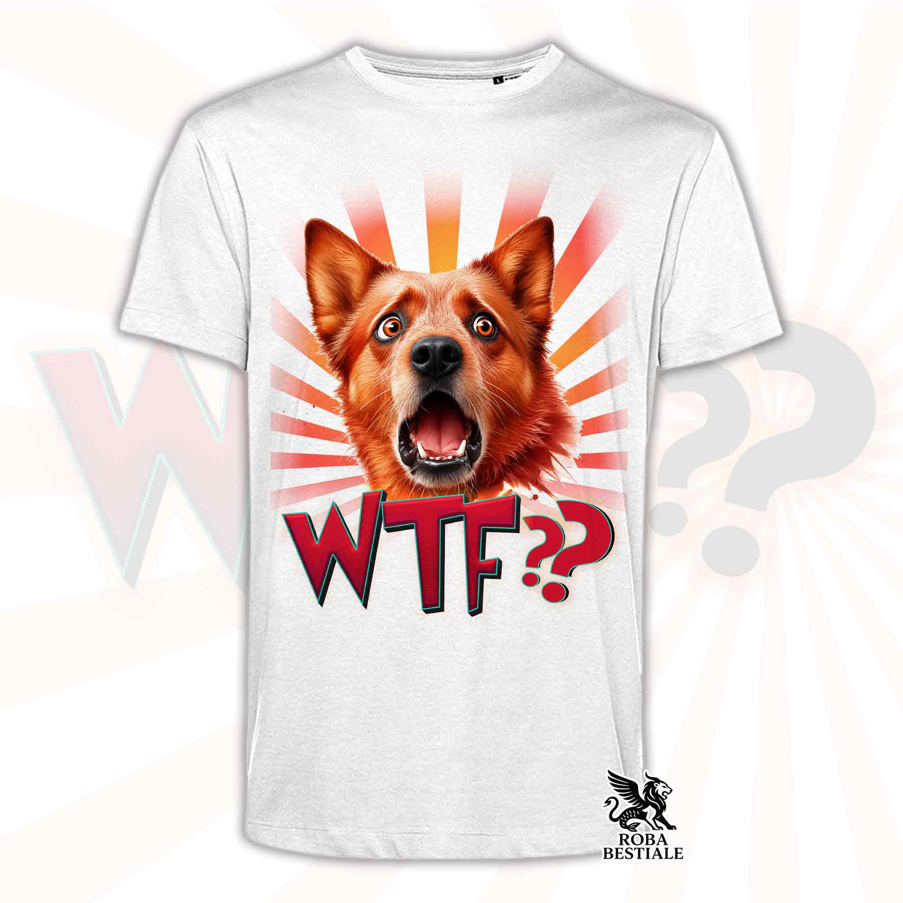 T-shirt bianca stampata con un Australian Cattle Dog con espressione sorpresa. Grafica originale Roba Bestiale, collezione WTF??