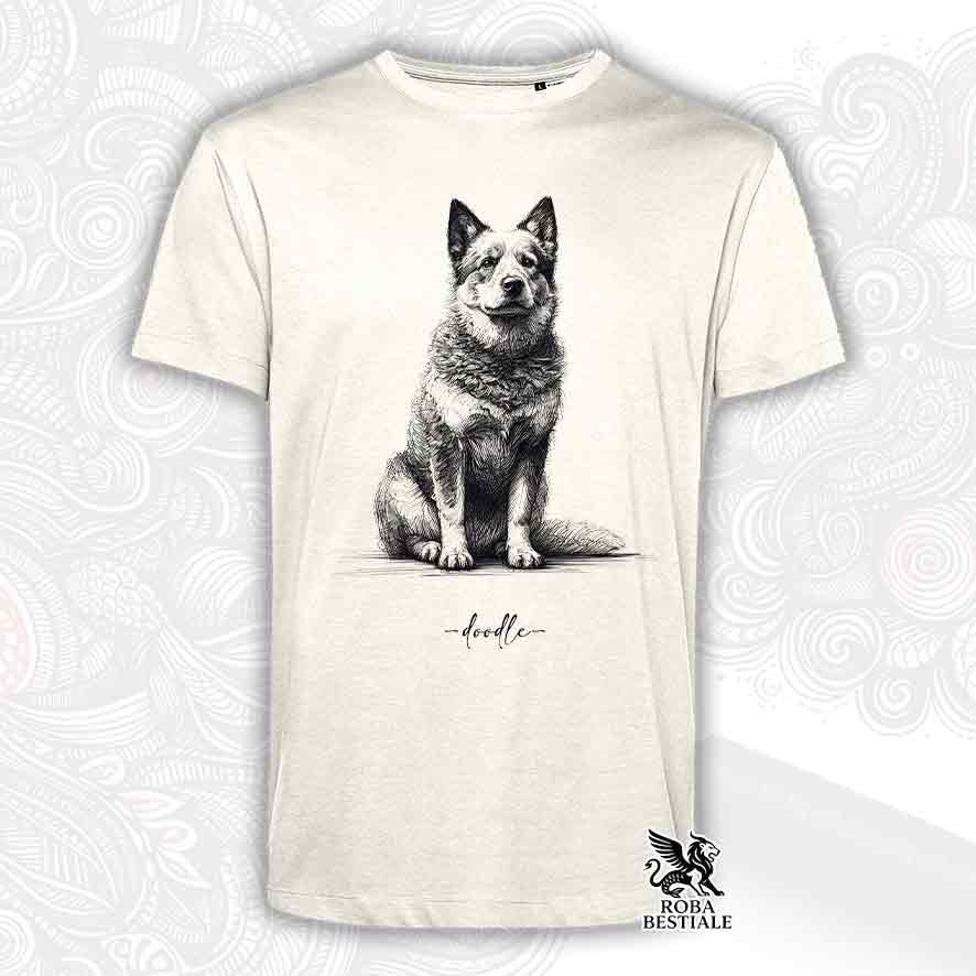 T-shirt beige stampata con un Australian Cattle Dog, grafica Doodle