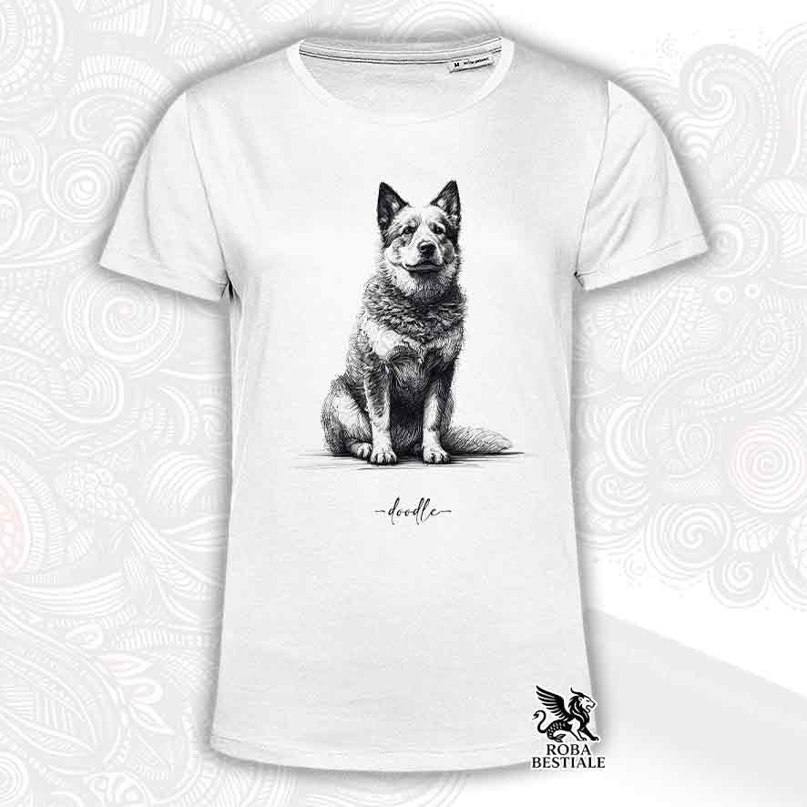 T-shirt bianca stampata con un Australian Cattle Dog, grafica Doodle