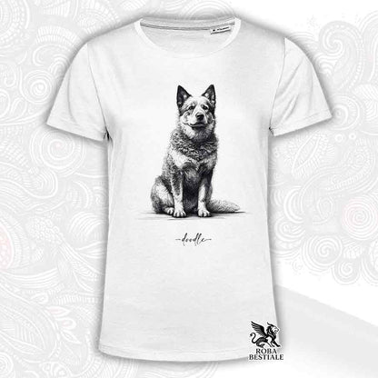 T-shirt bianca stampata con un Australian Cattle Dog, grafica Doodle