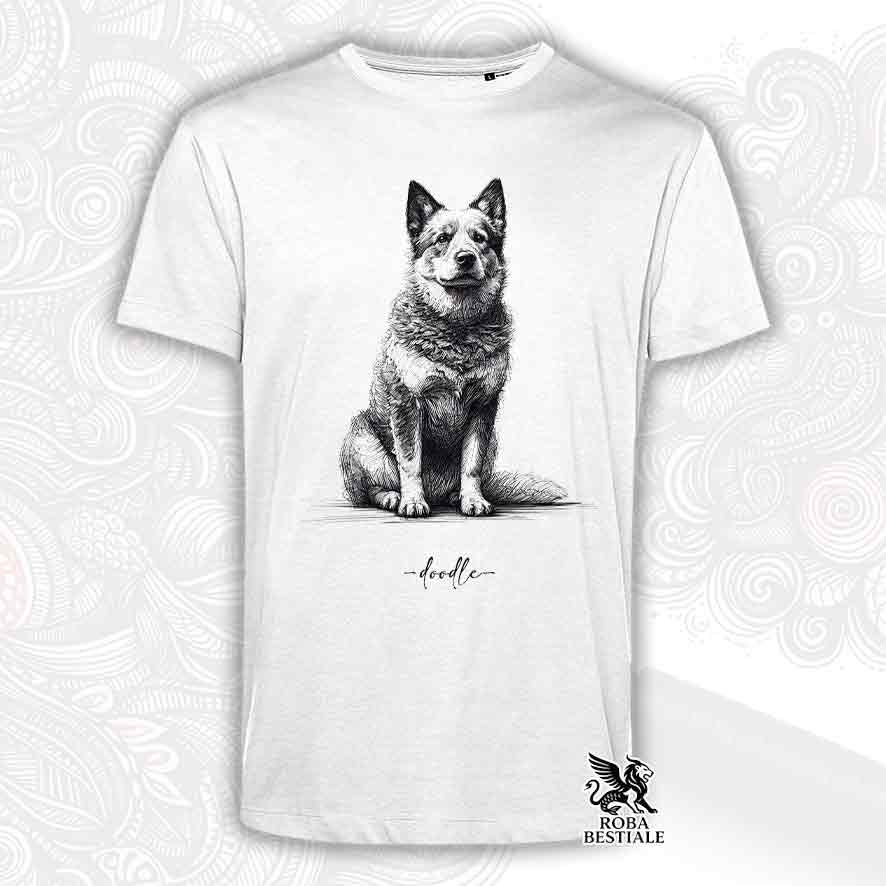 T-shirt bianca stampata con un Australian Cattle Dog, grafica Doodle