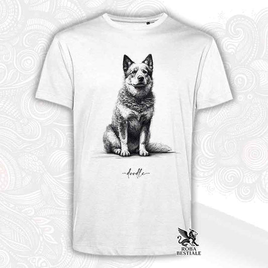 T-shirt bianca stampata con un Australian Cattle Dog, grafica Doodle