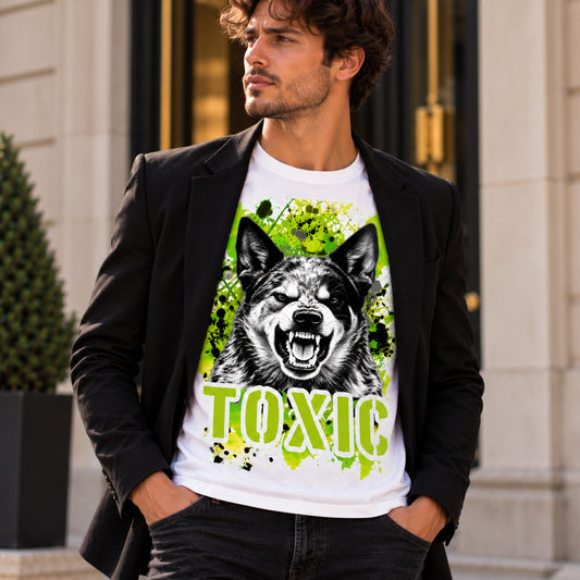 T-shirt bianca stampata con un Australian Cattle Dog con espressione arrabbiata. Grafica originale Roba Bestiale, collezione Toxic