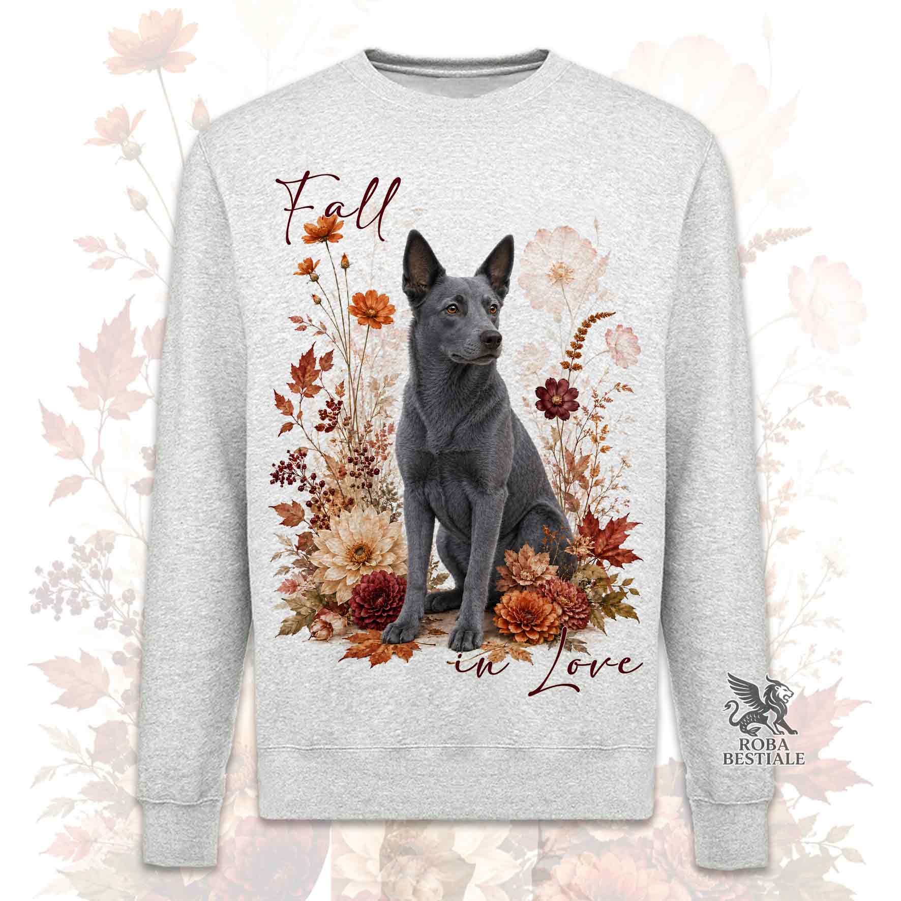 Felpa girocollo grigia stampata con un Australian Kelpie seduto in mezzo a fiori e foglie autunnali. Grafica originale Roba Bestiale, collezione Fall in Love