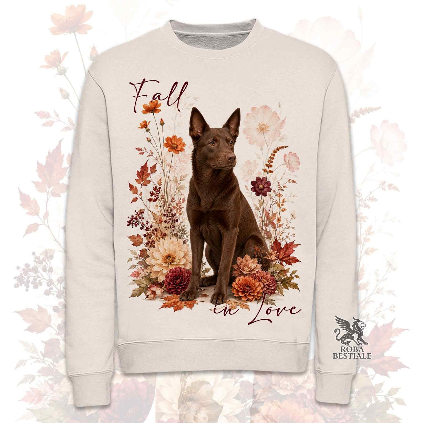 Felpa girocollo beige stampata con un Australian Kelpie seduto in mezzo a fiori e foglie autunnali. Grafica originale Roba Bestiale, collezione Fall in Love