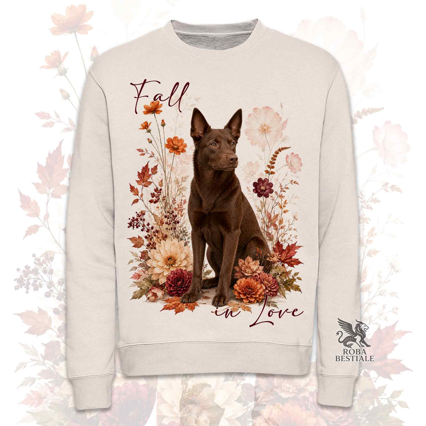 Felpa girocollo beige stampata con un Australian Kelpie seduto in mezzo a fiori e foglie autunnali. Grafica originale Roba Bestiale, collezione Fall in Love