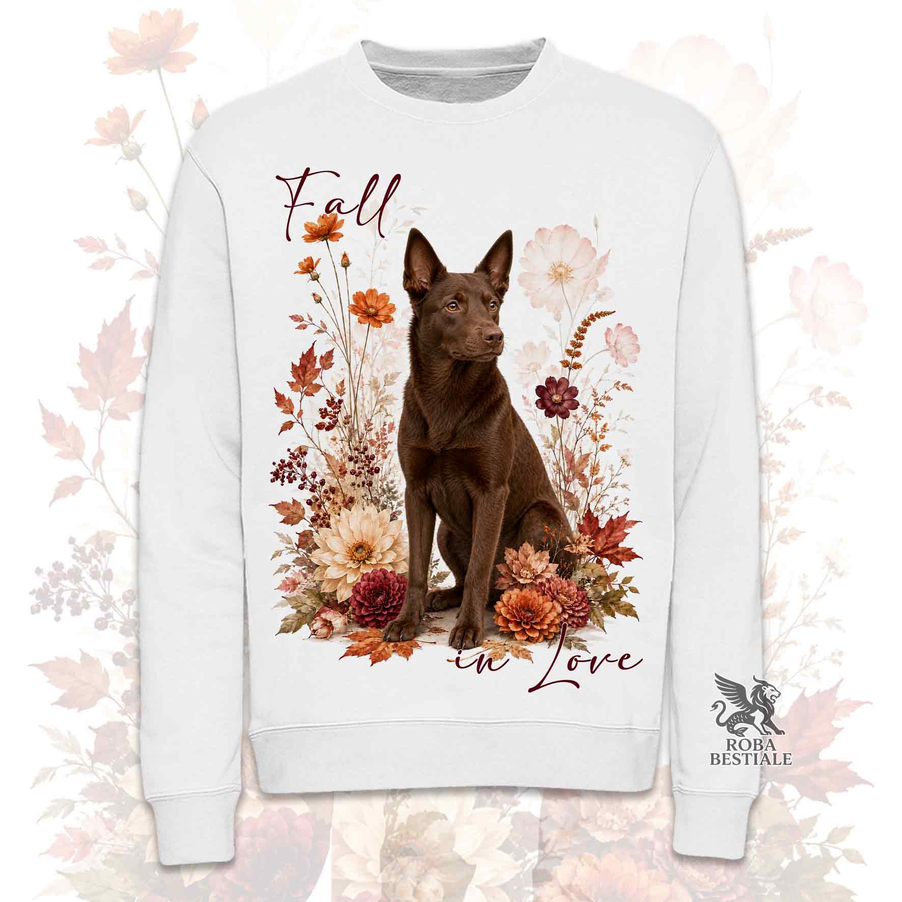 Felpa girocollo bianca stampata con un Australian Kelpie seduto in mezzo a fiori e foglie autunnali. Grafica originale Roba Bestiale, collezione Fall in Love