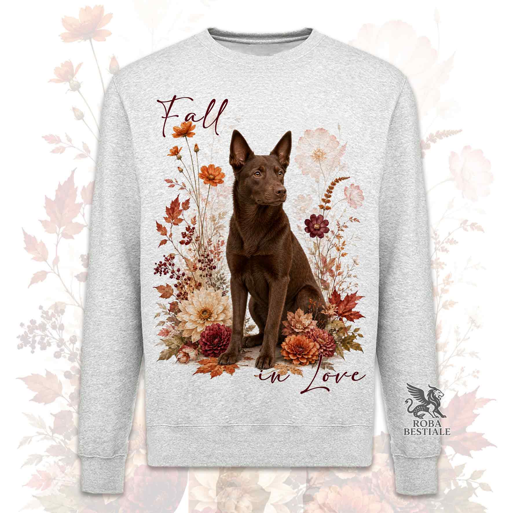Felpa girocollo grigia stampata con un Australian Kelpie seduto in mezzo a fiori e foglie autunnali. Grafica originale Roba Bestiale, collezione Fall in Love