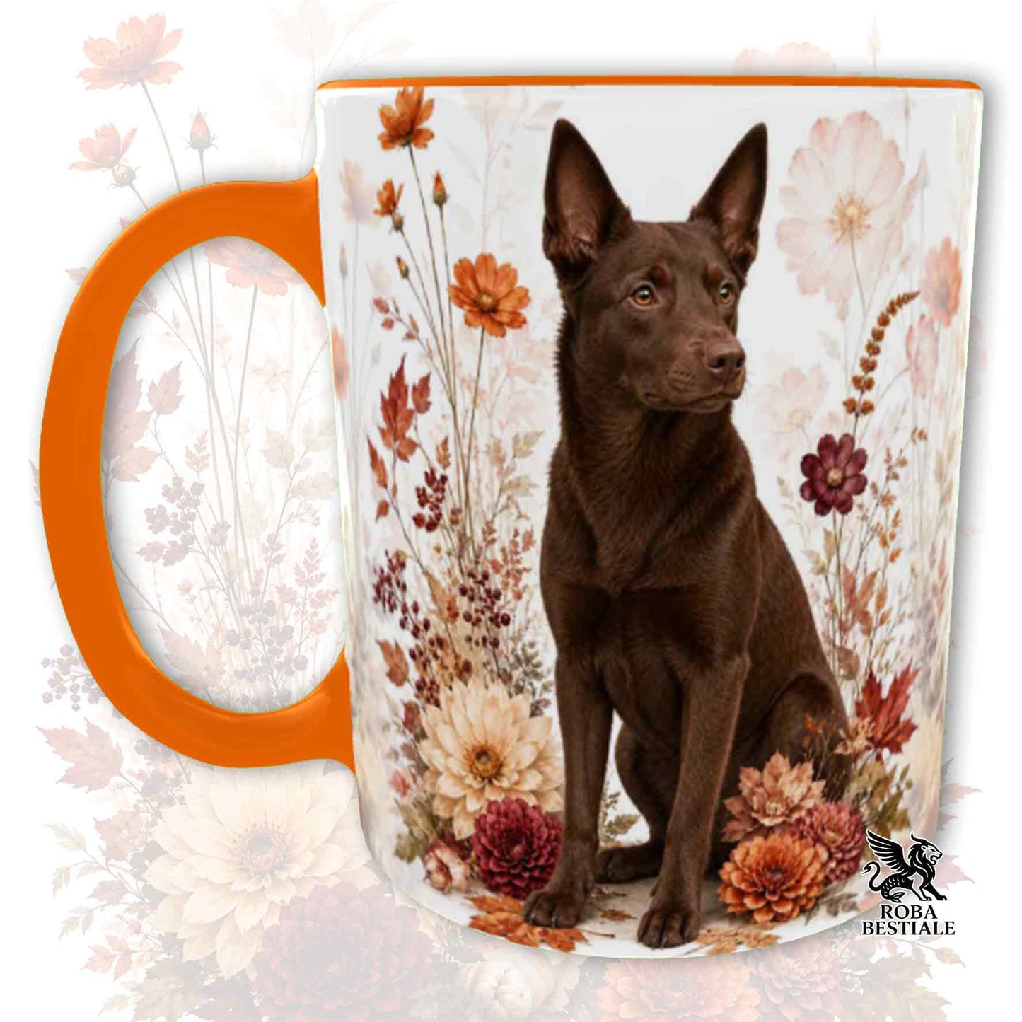 Tazza con la stampa di un Australian Kelpie seduto in mezzo a fiori e foglie autunnali. Grafica originale Roba Bestiale, collezione Fall in Love