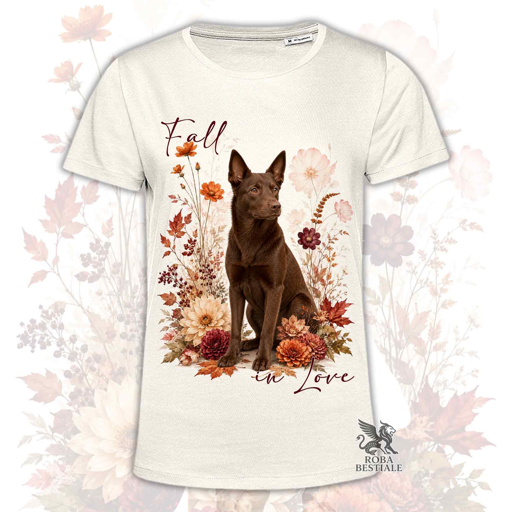 T-shirt beige stampata con un Australian Kelpie seduto in mezzo a fiori e foglie autunnali. Grafica originale Roba Bestiale, collezione Fall