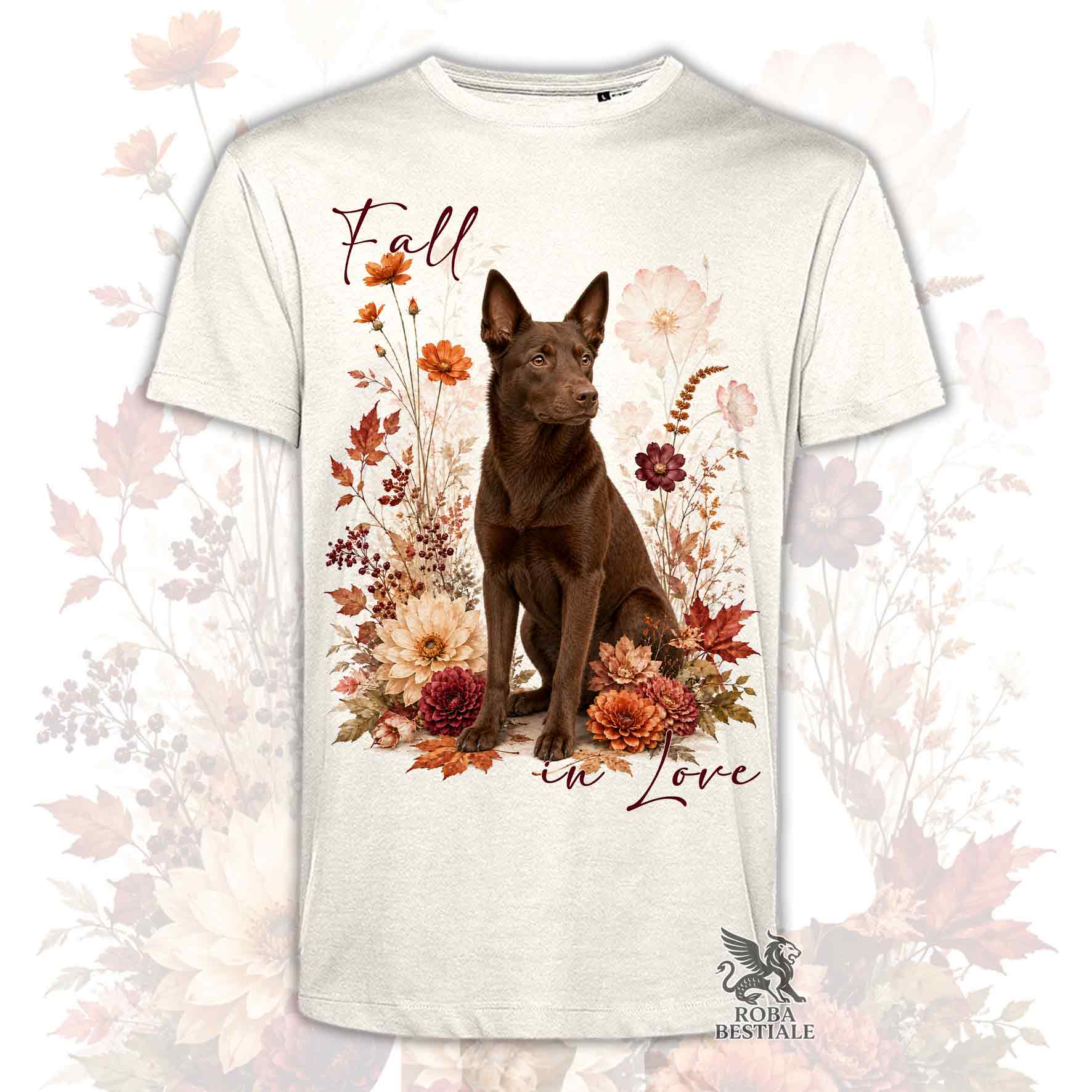 T-shirt beige stampata con un Australian Kelpie seduto in mezzo a fiori e foglie autunnali. Grafica originale Roba Bestiale, collezione Fall