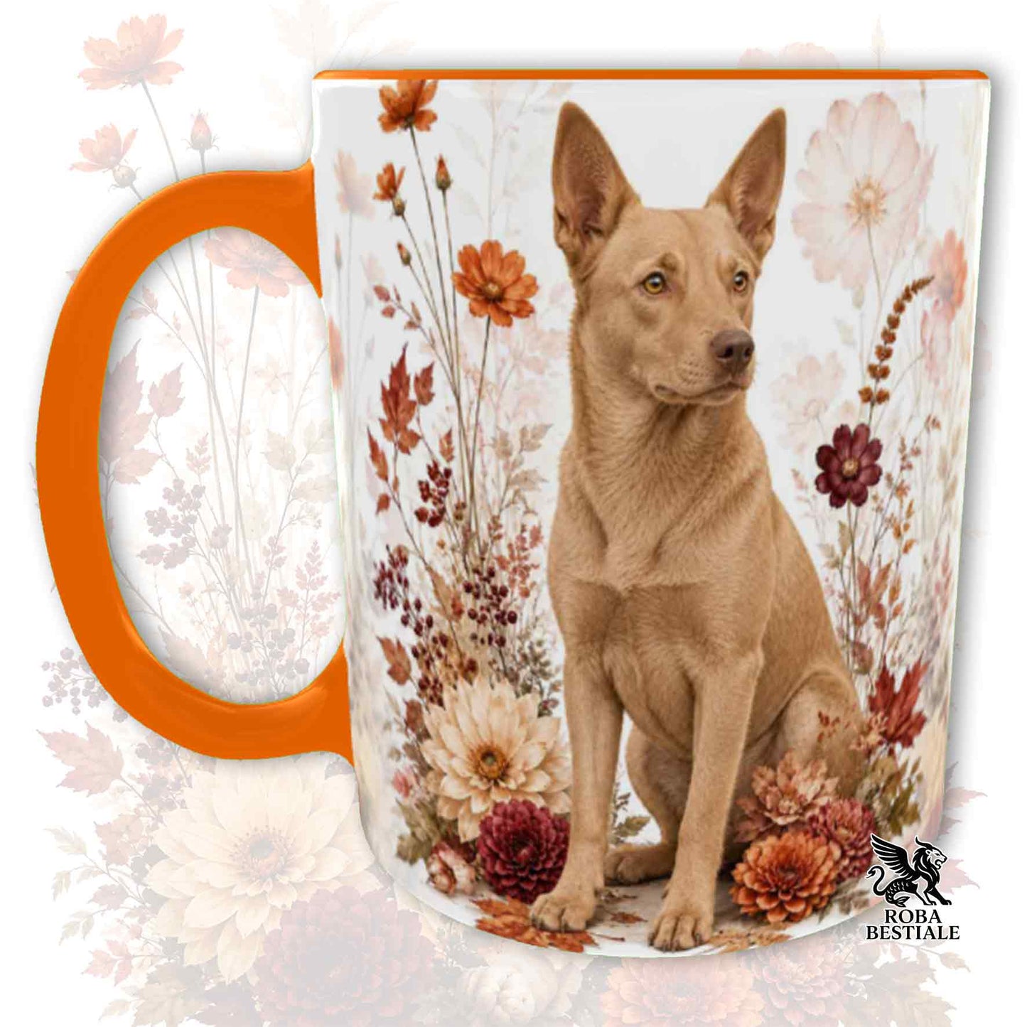 Tazza con la stampa di un Australian Kelpie seduto in mezzo a fiori e foglie autunnali. Grafica originale Roba Bestiale, collezione Fall in Love