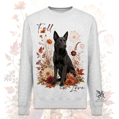 Felpa girocollo grigia stampata con un Australian Kelpie seduto in mezzo a fiori e foglie autunnali. Grafica originale Roba Bestiale, collezione Fall in Love