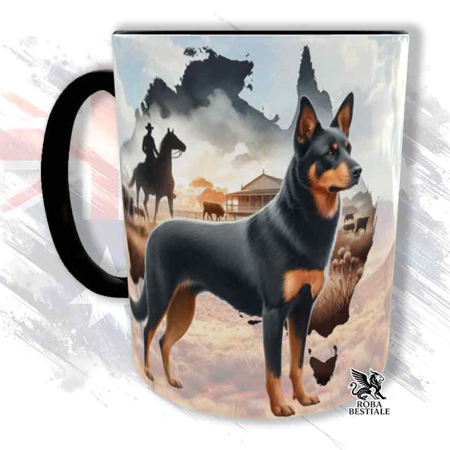 Tazza bianca con dettagli neri, stampata con un Australian Kelpie, grafica Australian Wild Life