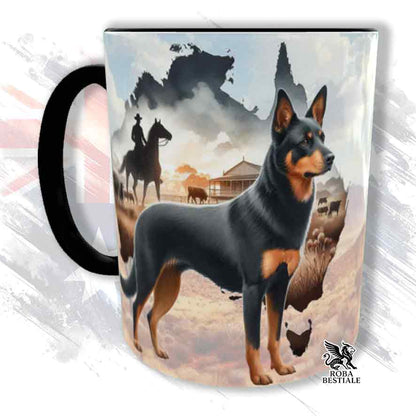 Tazza bianca con dettagli neri, stampata con un Australian Kelpie, grafica Australian Wild Life