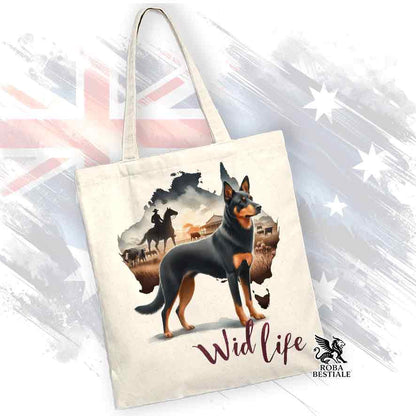 Borsa Tote Bag, stampata con un Australian Kelpie nero focato, grafica Australian Wild Life