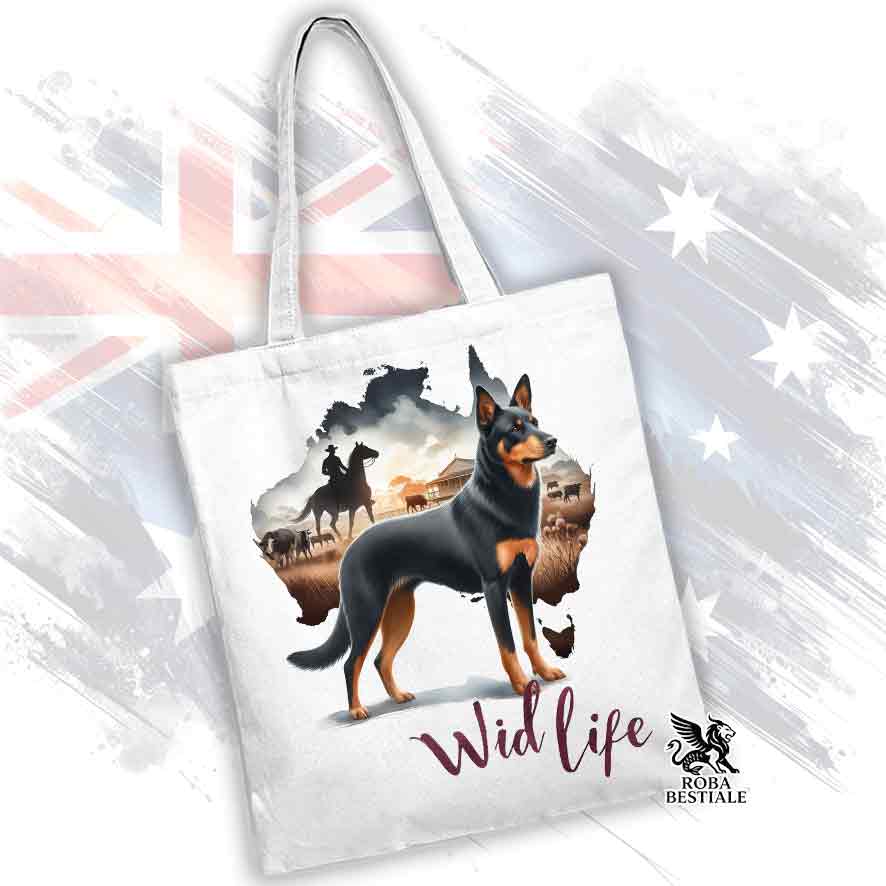 Borsa Tote Bag, stampata con un Australian Kelpie nero focato, grafica Australian Wild Life